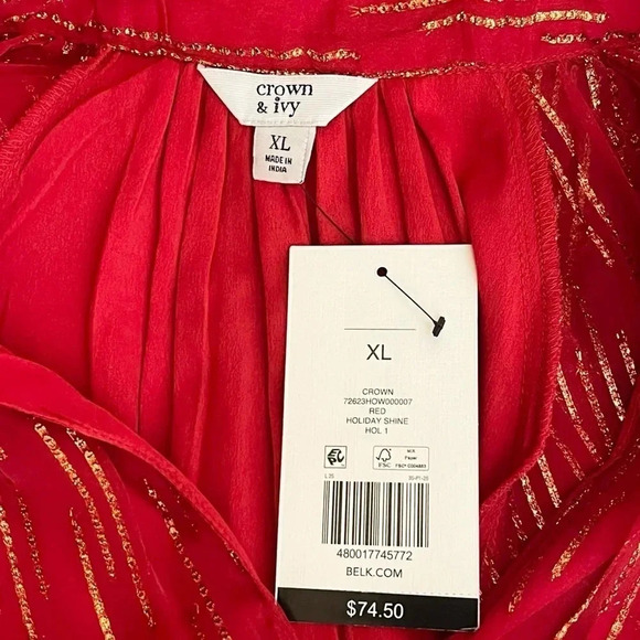 Crown & Ivy | Foil Peasant Top Long Sleeves Keyhole Tie Neck Holiday Lined - Picture 6 of 7